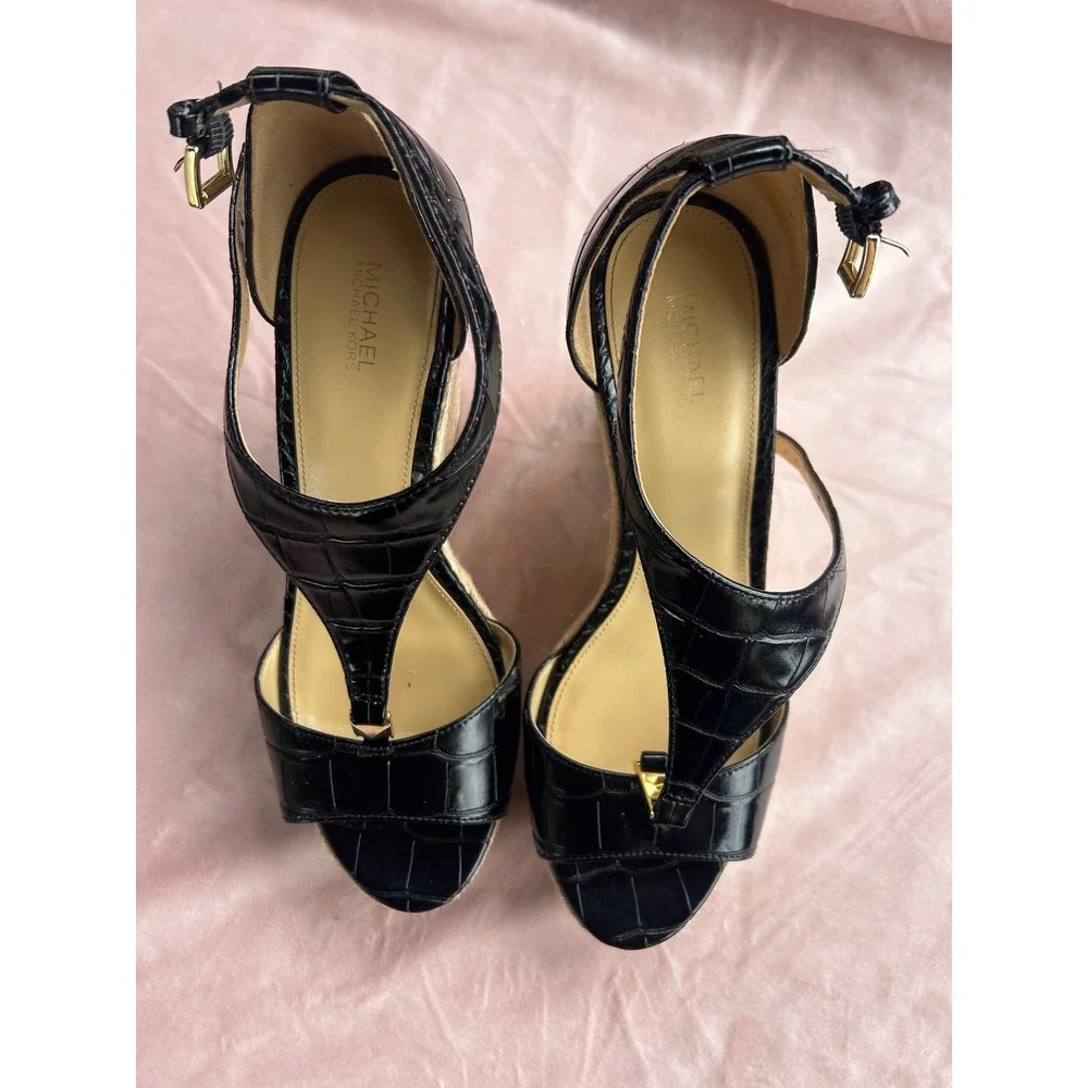 Michael Kors Espadrille Wedge Women's Size 9.5 Black Good Croc-Embossed T-Strap